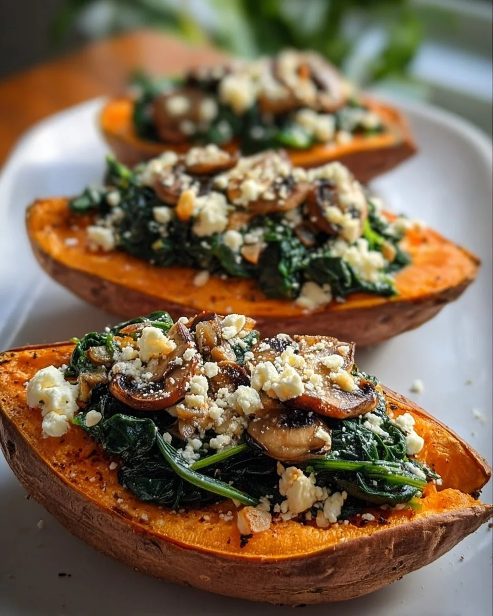 Delicious stuffed sweet potatoes with spinach, mushrooms, and feta cheese