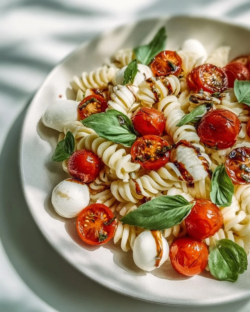 Delicious Summer Pasta Caprese with fresh basil and tomatoes