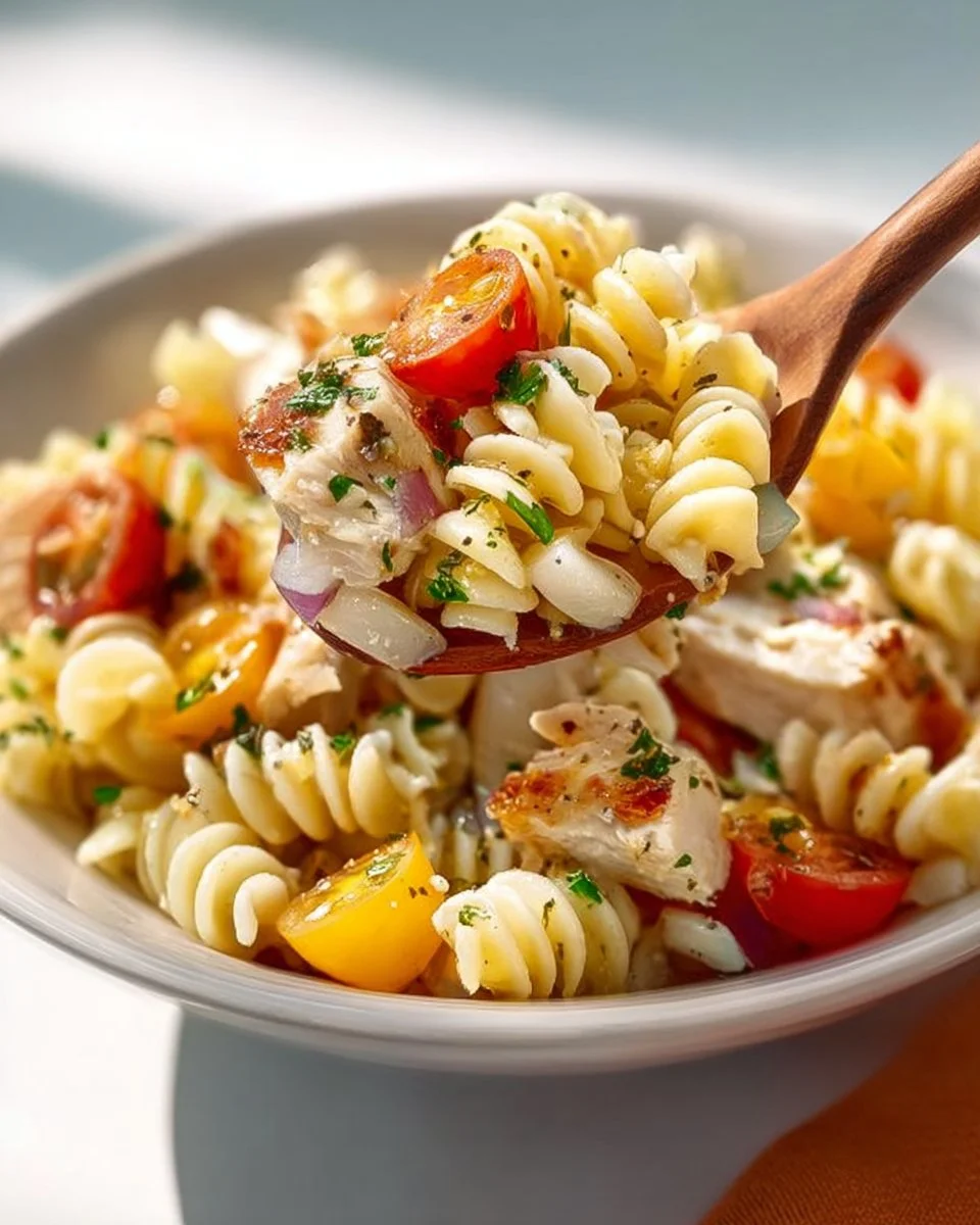 Bowl of tasty chicken pasta salad with Italian dressing and colorful vegetables