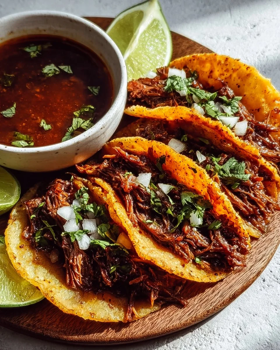 Delicious Birria Tacos with savory consomme made in a slow cooker