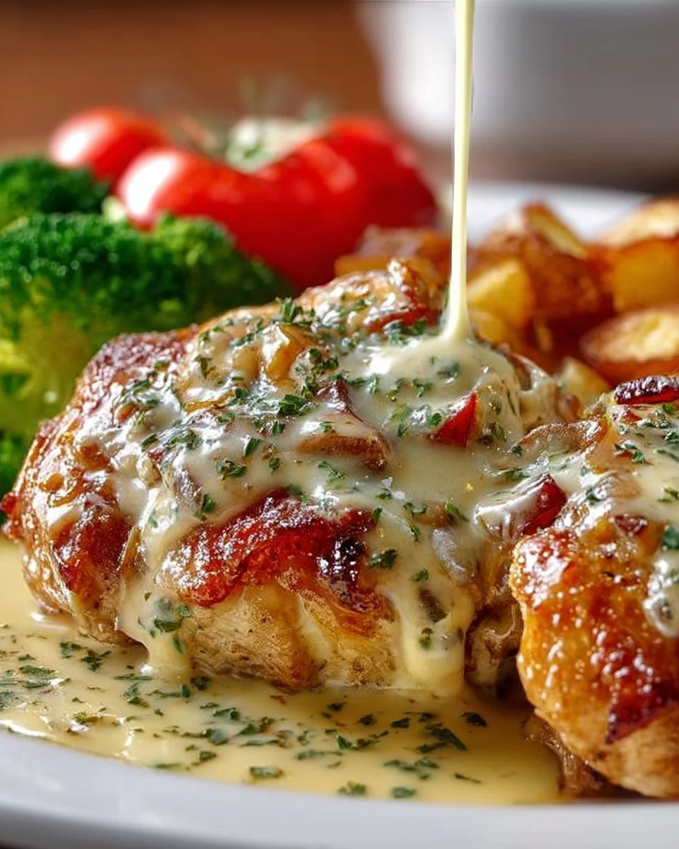 Delicious plate of Texas Roadhouse Smothered Chicken topped with savory sauce