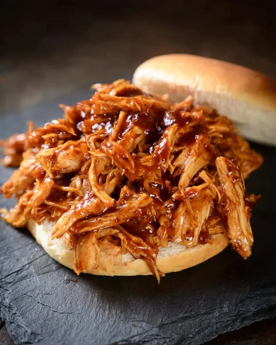 Delicious pulled crockpot BBQ chicken served on a plate with sauce and herbs