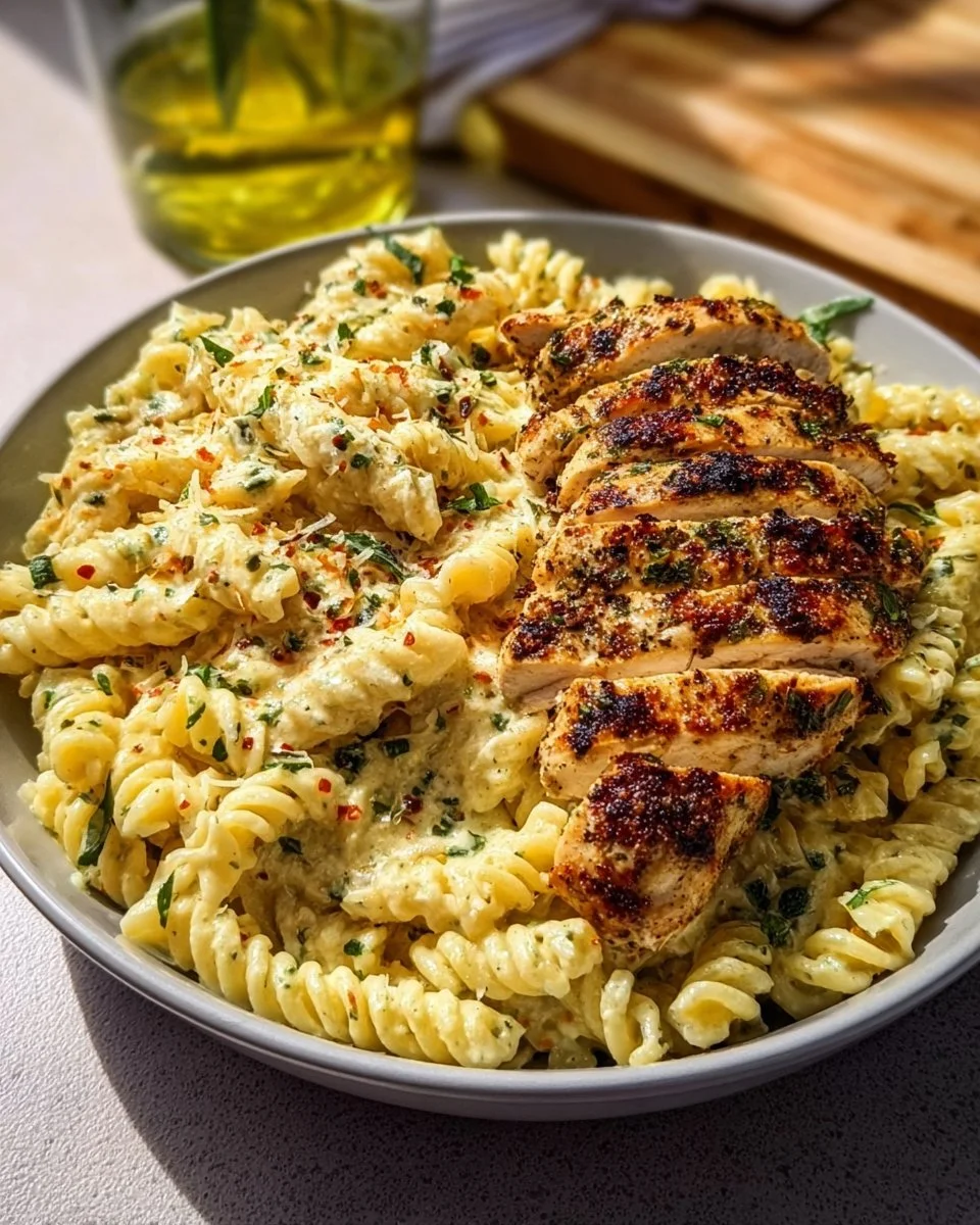 Delicious creamy garlic parmesan chicken pasta served in a bowl