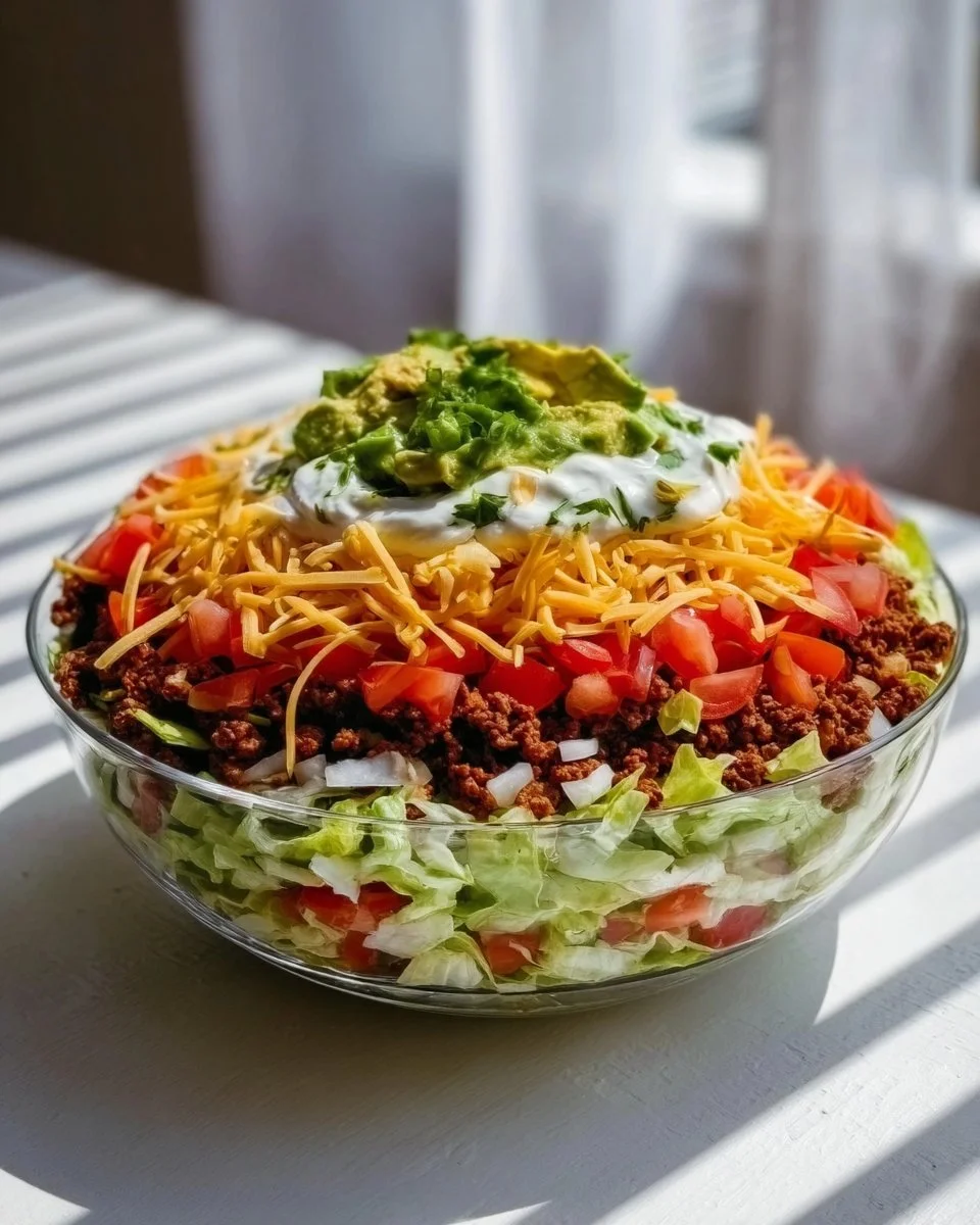 A delicious seven layer taco salad with fresh ingredients and toppings