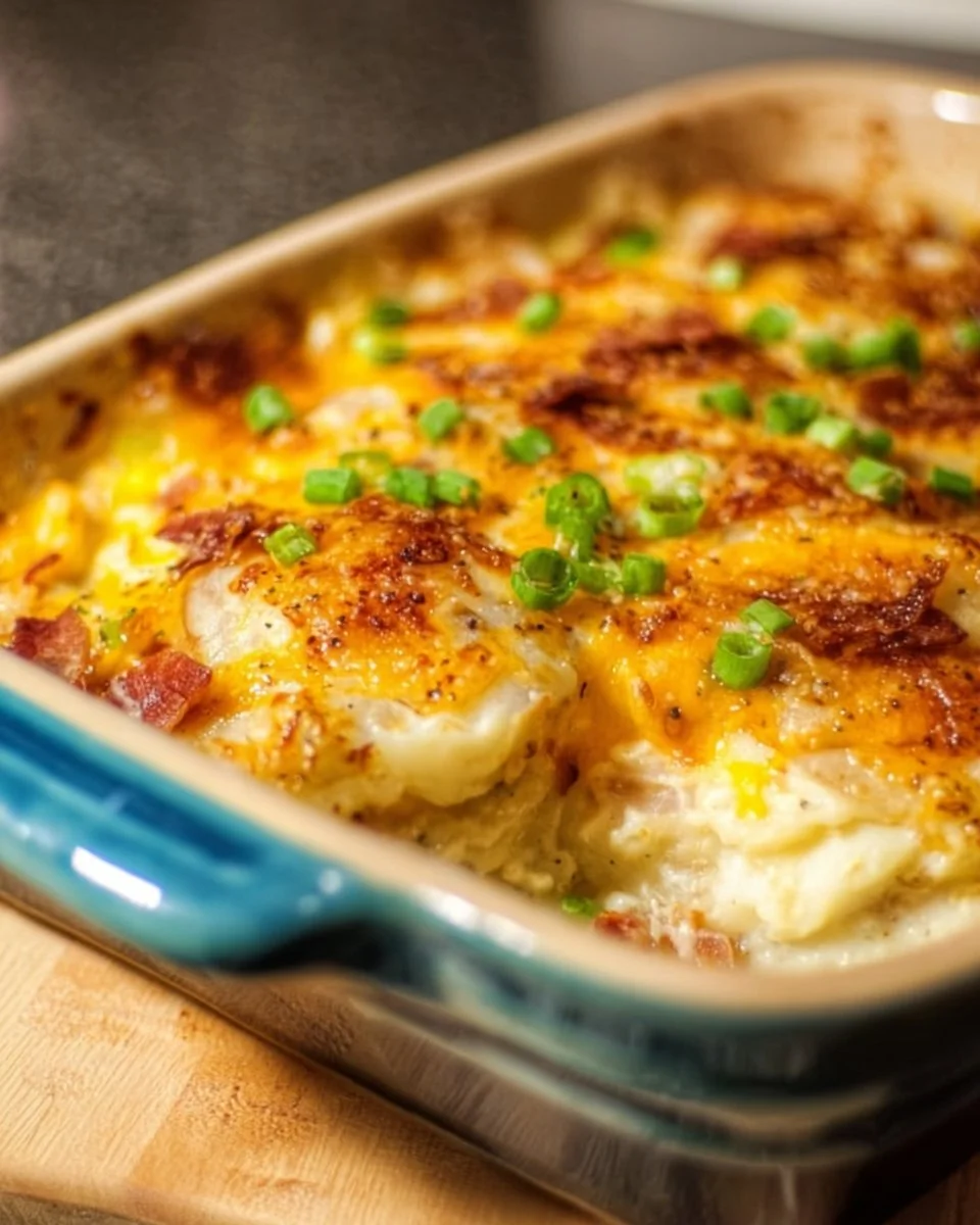 Twice baked potato casserole topped with cheese and chives