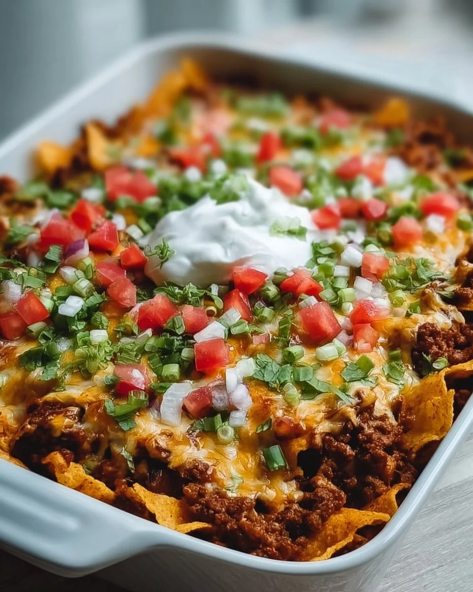 Delicious Walking Taco Casserole fresh from the oven, served in a colorful dish.