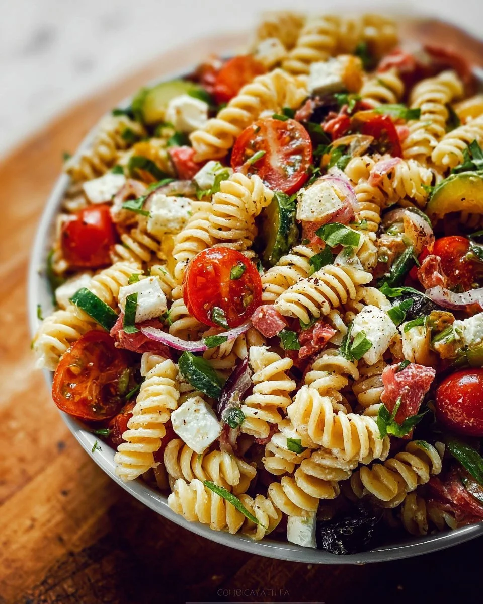 Zesty Italian Pasta Salad with colorful vegetables and dressing