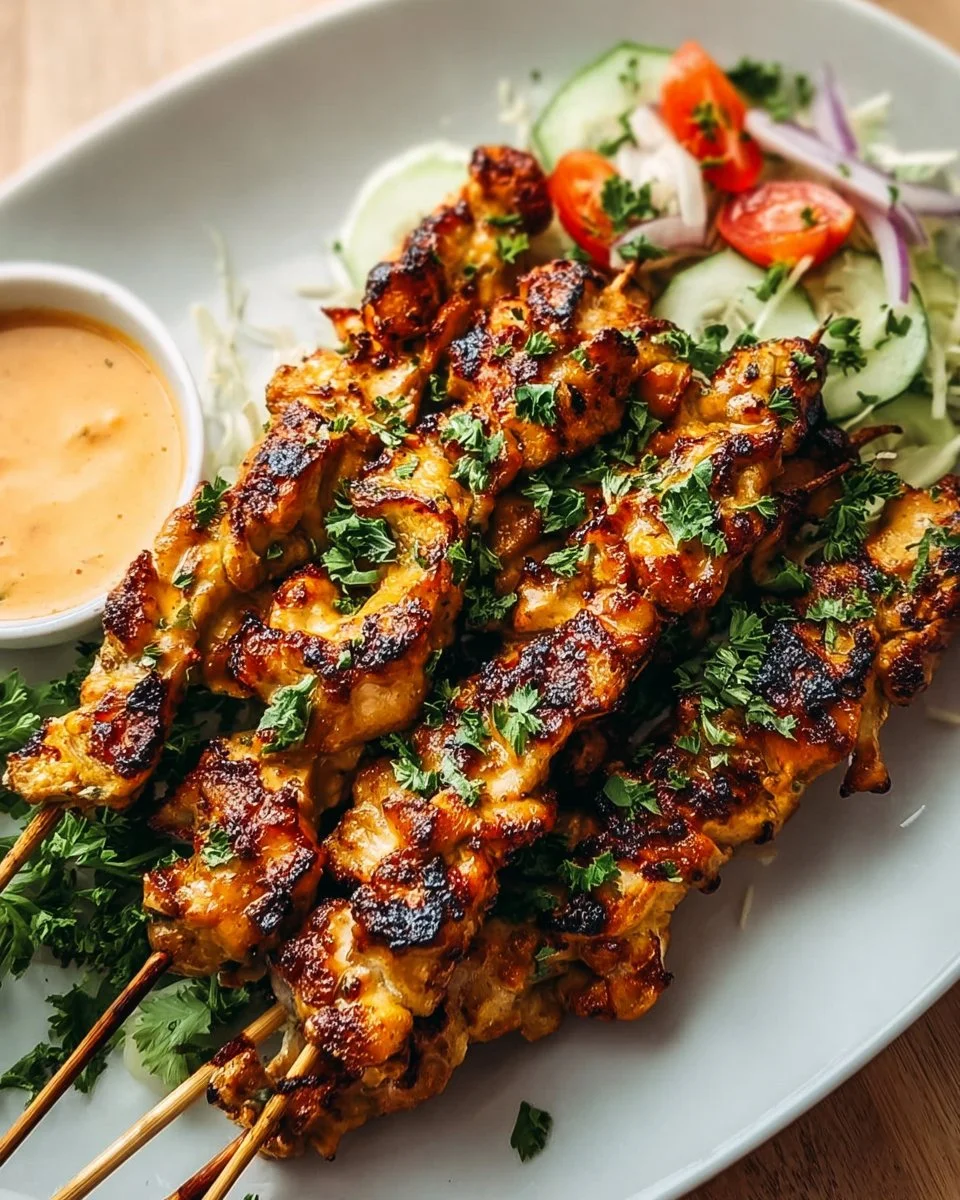 Grilled Bang Bang Chicken Skewers garnished with herbs and served on a plate