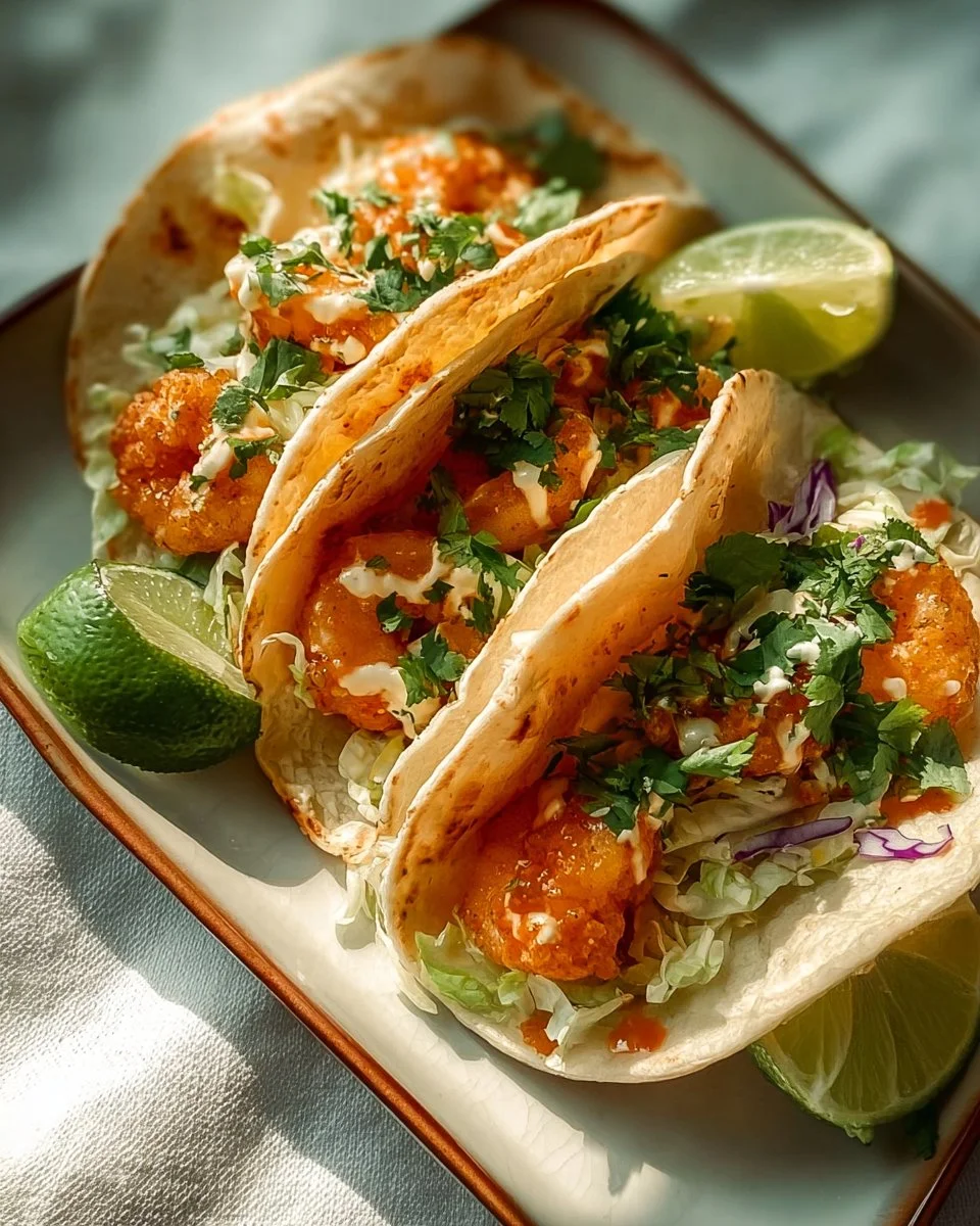 Bang Bang Shrimp Tacos with spicy sauce and toppings in a soft tortilla