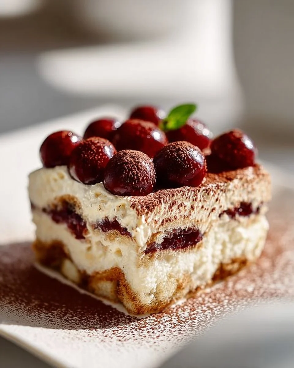 Delicious Cherry Amaretto Tiramisu dessert with layers of cherries and mascarpone