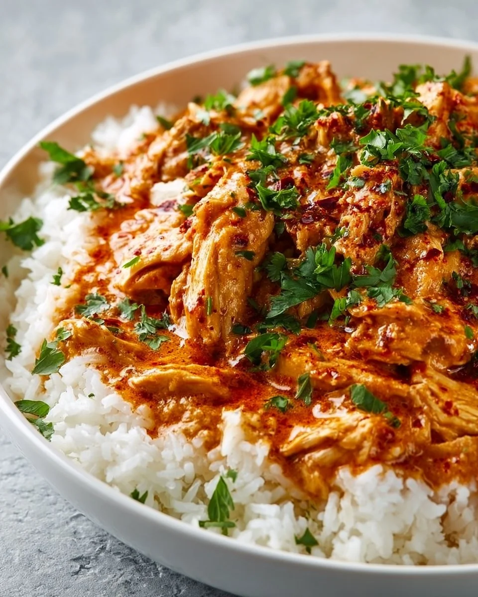 Creamy Crockpot Cajun Butter Chicken served with rice and herbs