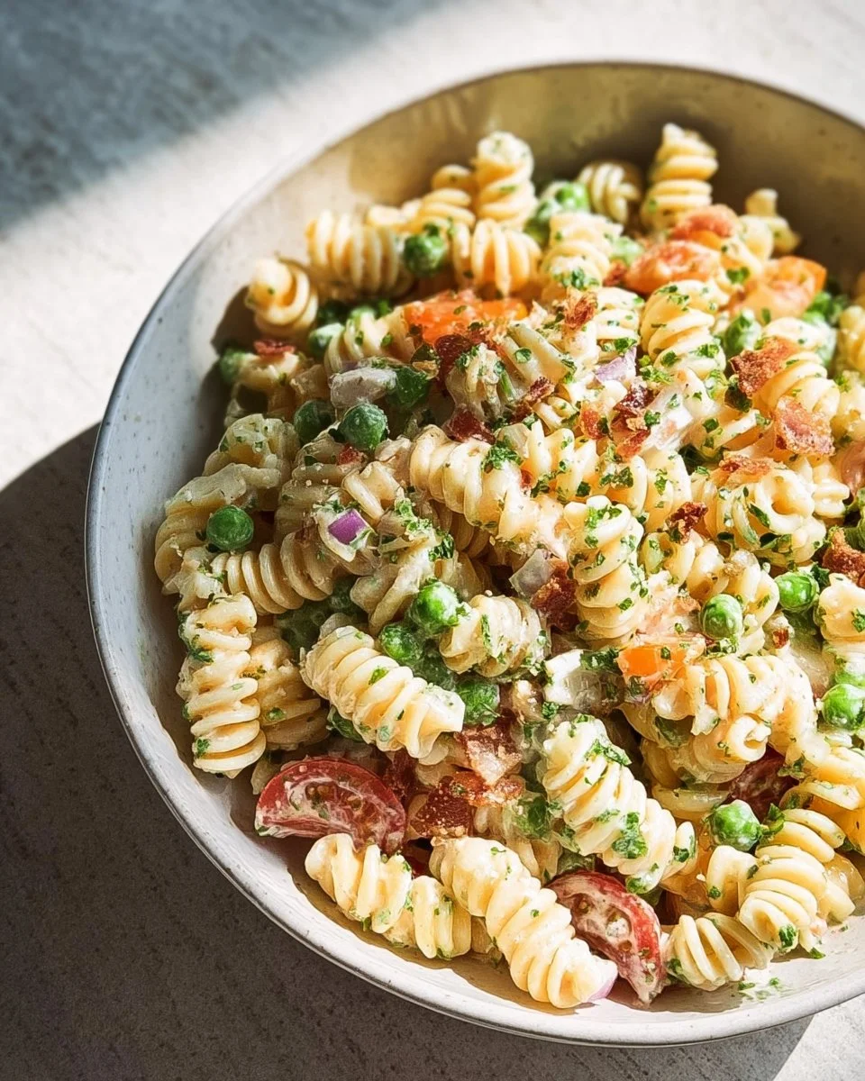Creamy pasta salad with colorful vegetables and dressing