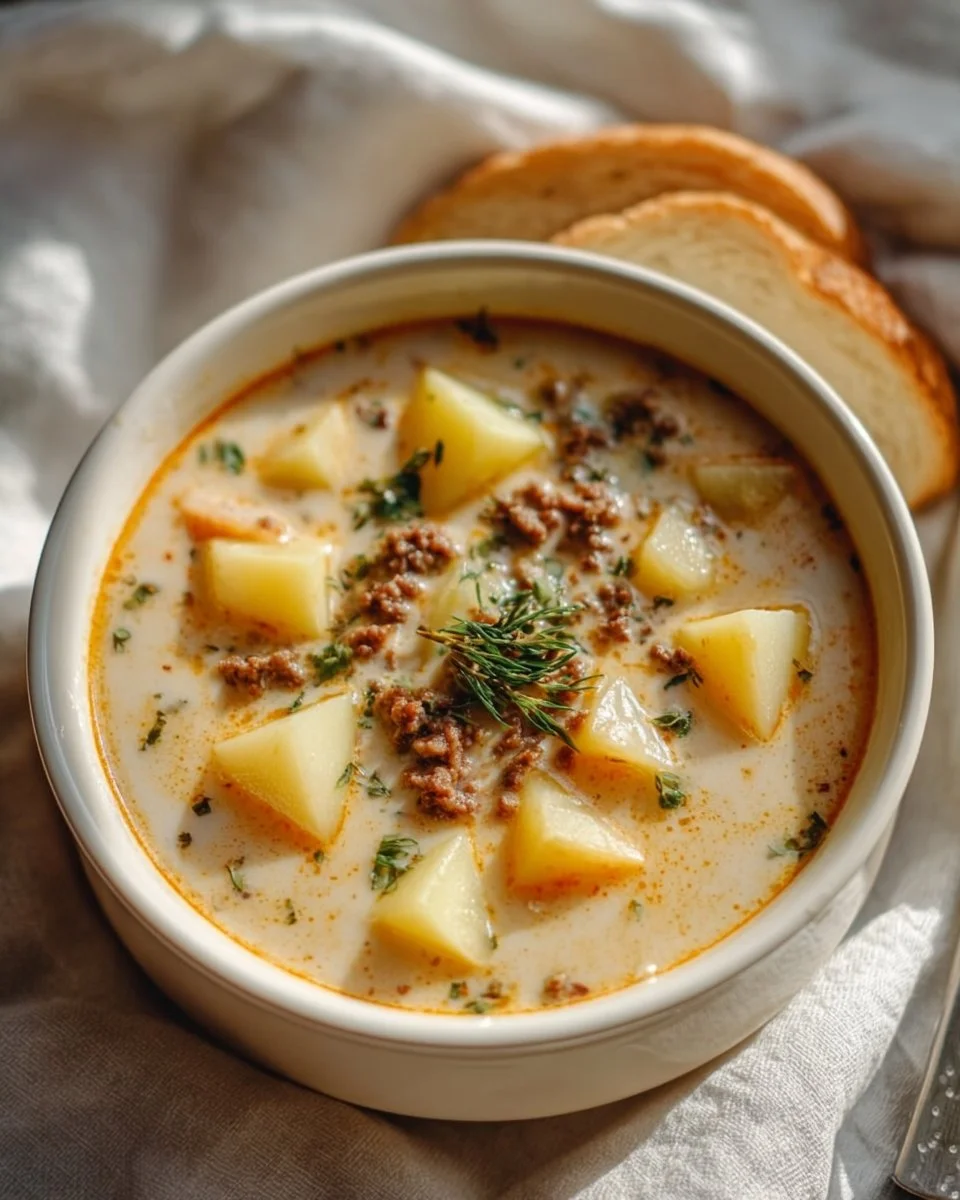 Bowl of creamy potato hamburger soup with herbs and vegetables