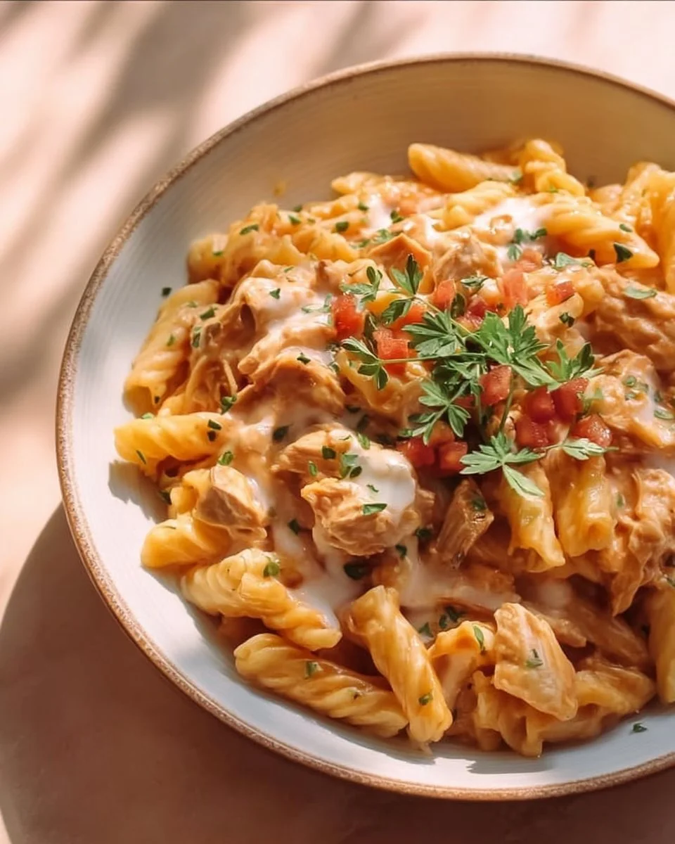 Crockpot chicken taco pasta served in a bowl with toppings