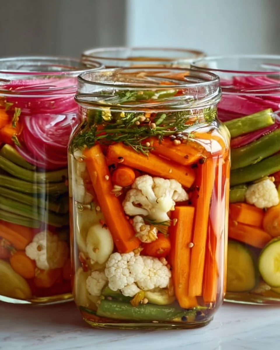 Colorful jars of crunchy tangy refrigerator pickled vegetables on a kitchen counter