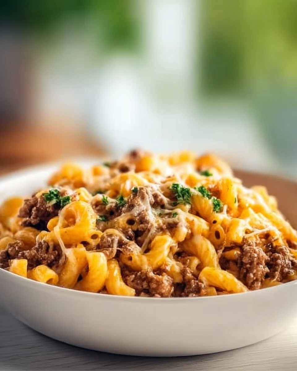 Crockpot Cheesy Crack Beef Pasta served in a colorful bowl