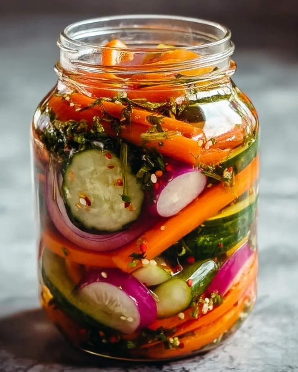 Bowl of colorful fridge pickled vegetables for a zesty crunchy twist