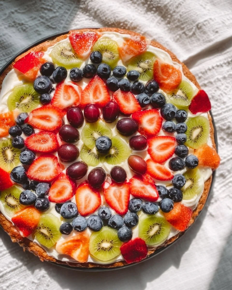 Colorful fruit pizza topped with fresh fruits and a creamy glaze
