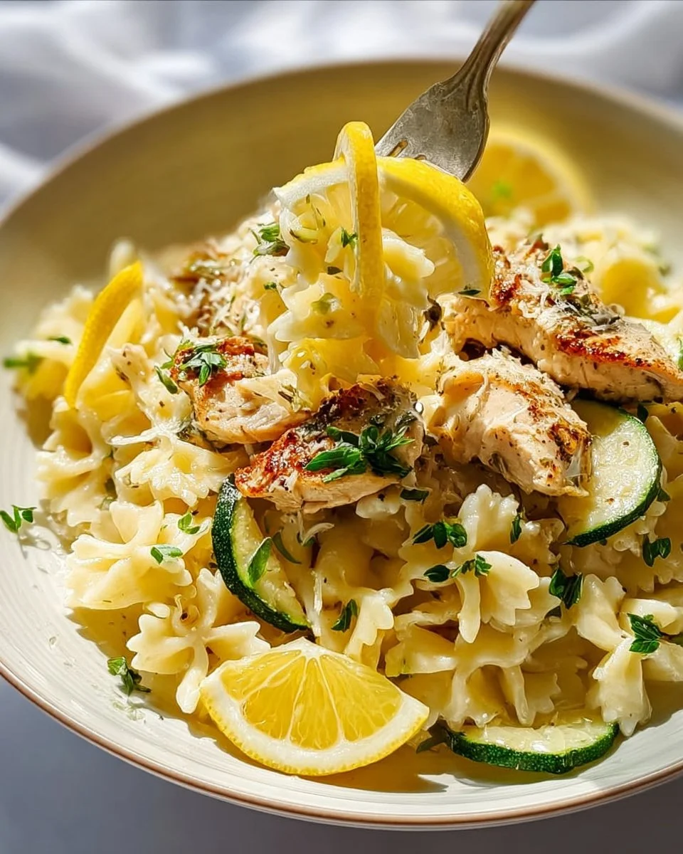 Plate of Italian Lemon Chicken Pasta garnished with herbs and lemon slices.