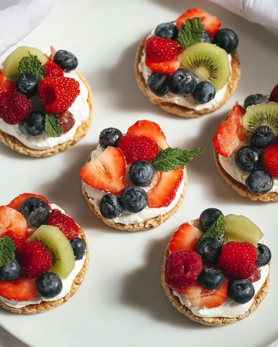 Mini fruit pizzas topped with colorful fruits on a cookie crust