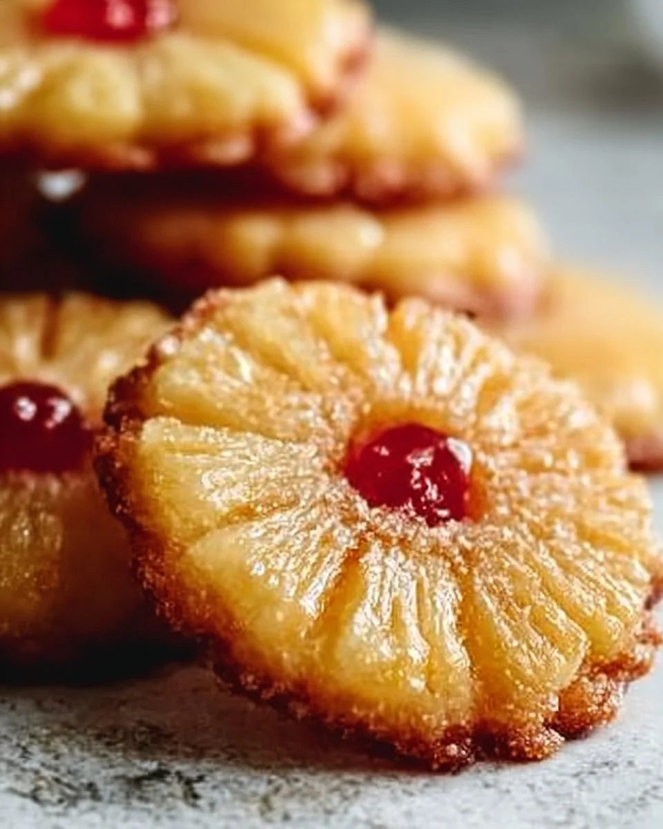 Delicious pineapple upside down cookies decorated on a plate