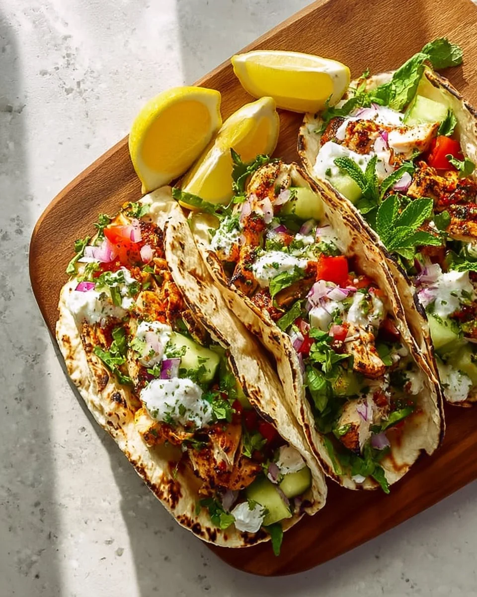 Quick Mediterranean chicken tacos topped with fresh veggies and flavorful sauces.