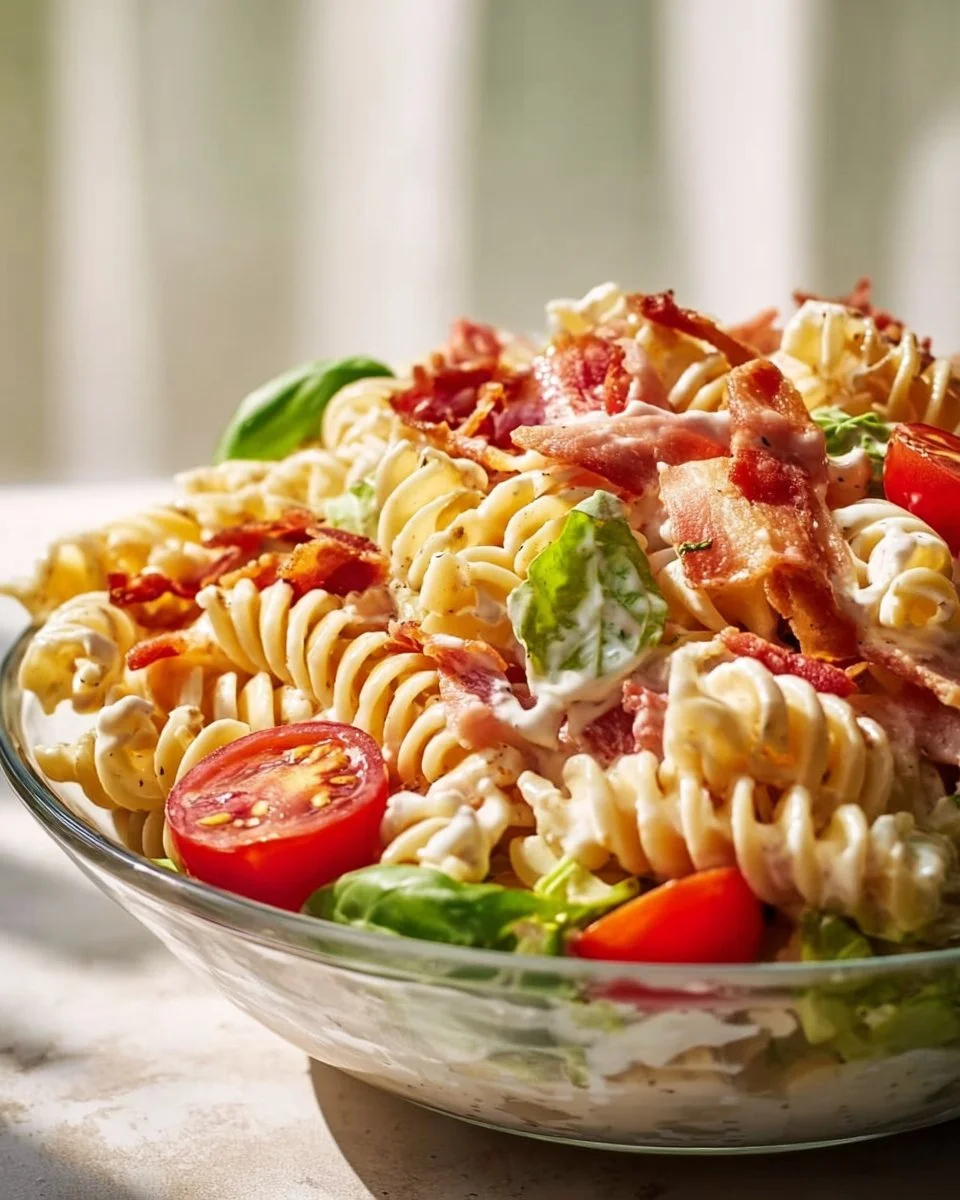 High protein BLT pasta salad with bacon, lettuce, and tomatoes.