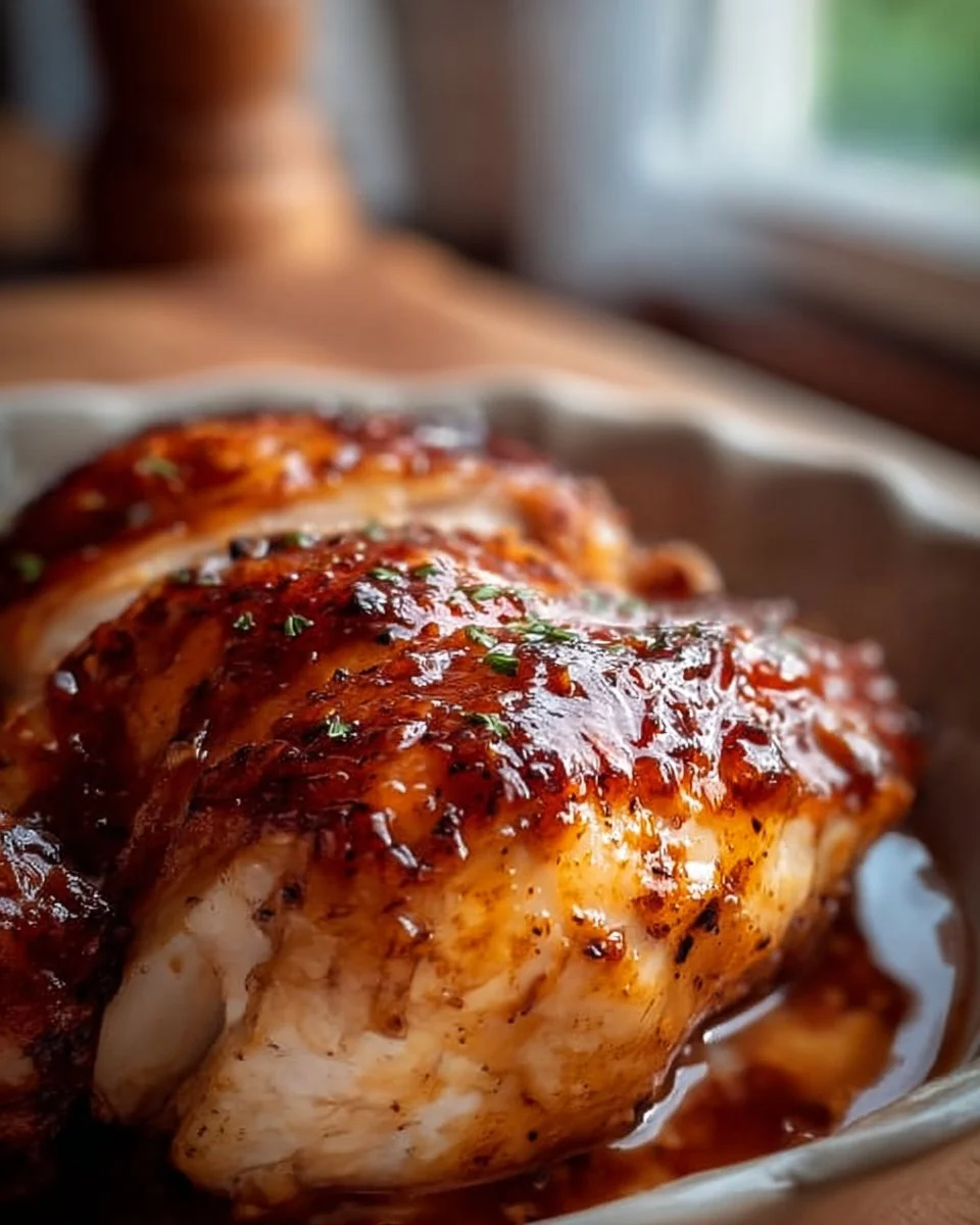 Plate of Sweet Baby Ray's Crockpot Chicken garnished with herbs