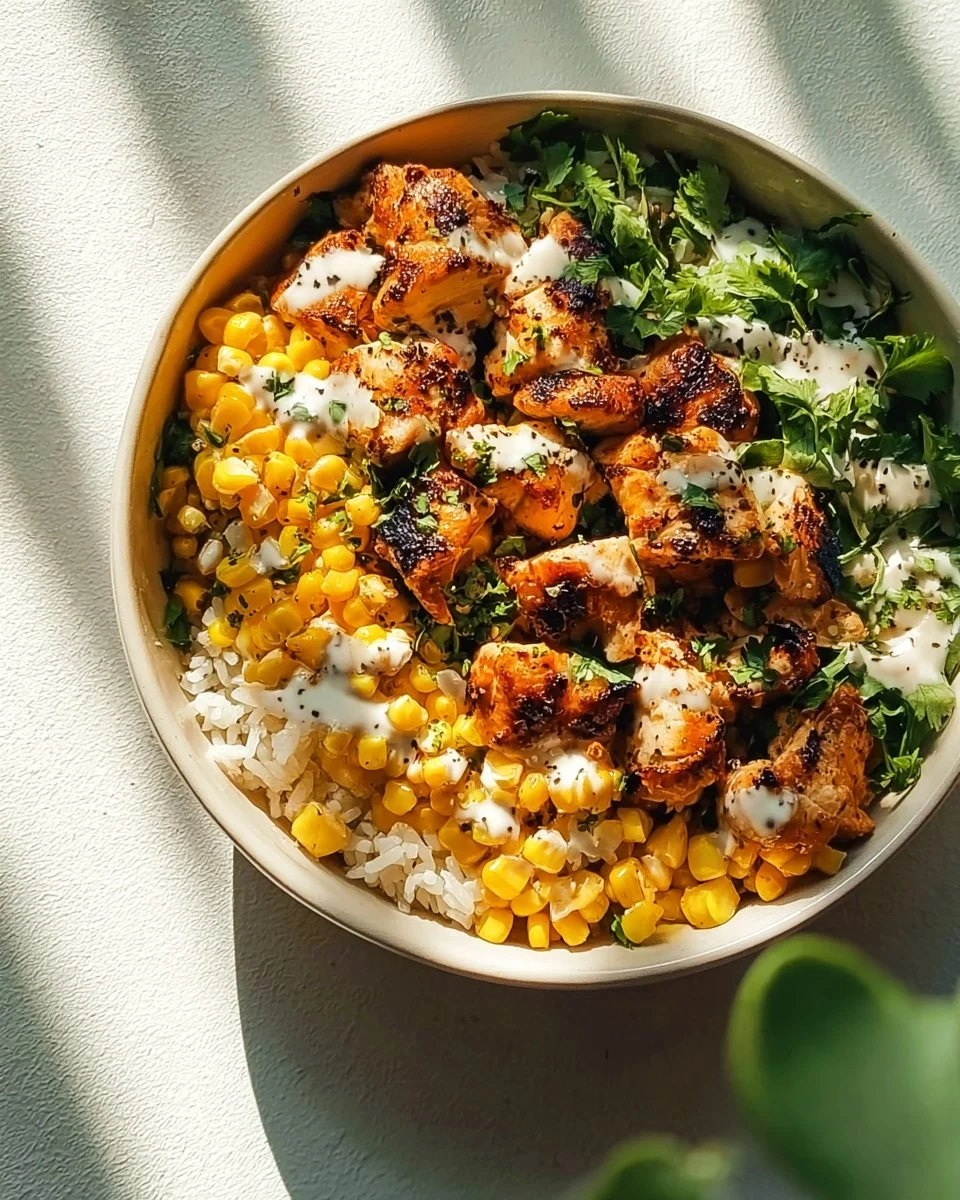 Tasty street corn chicken bowl with vibrant toppings and fresh ingredients.