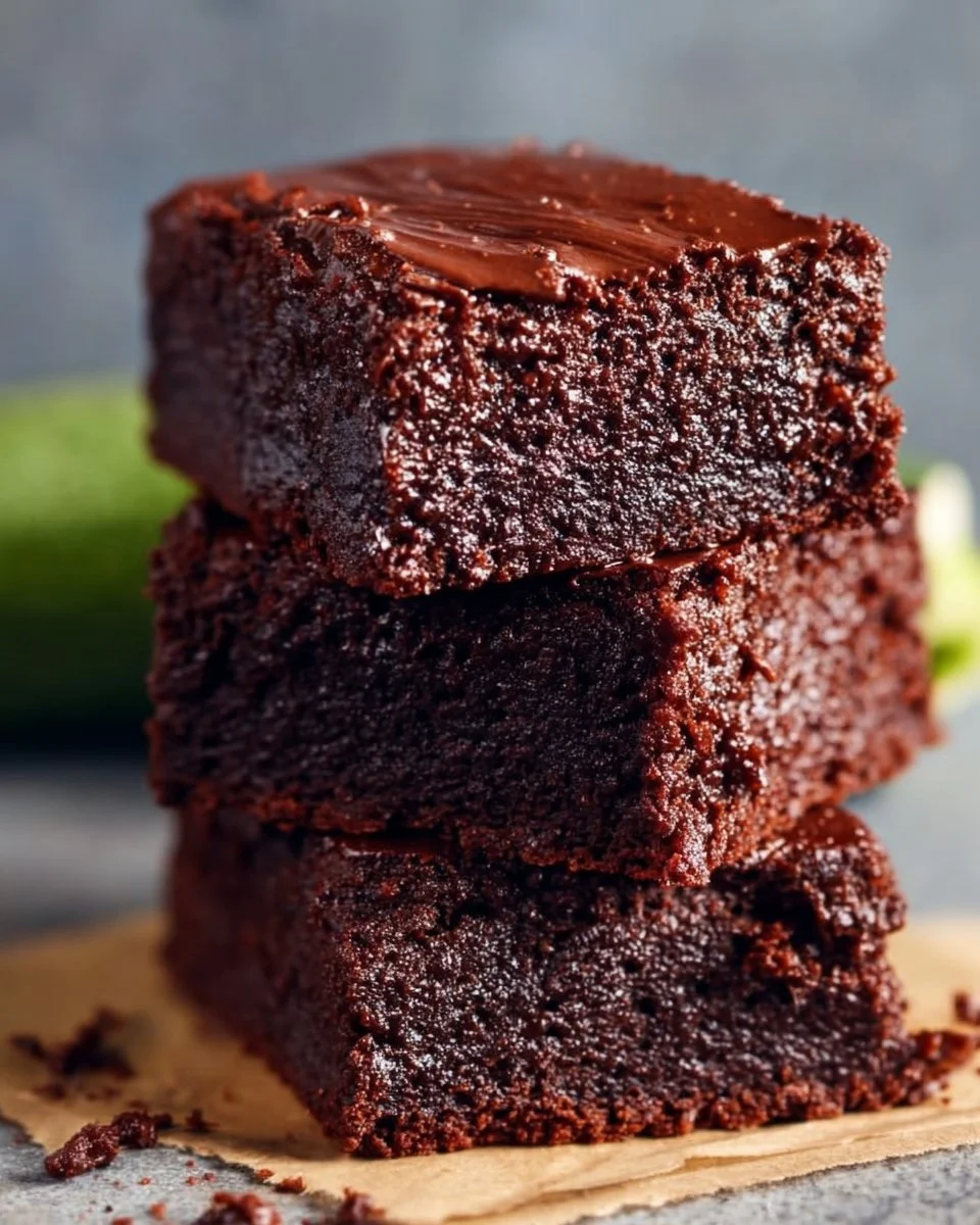 Deliciously moist zucchini brownies topped with chocolate drizzle